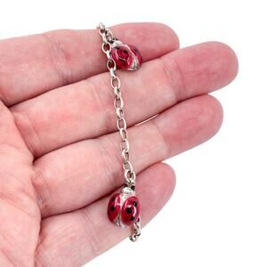 Vintage Sterling Silver Ladybug Charm Bracelet | 925 | Red Enamel 7”